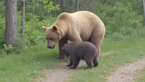 Trail camera captures emotional moment a mother bear gently encourages her struggling cub to climb uphill